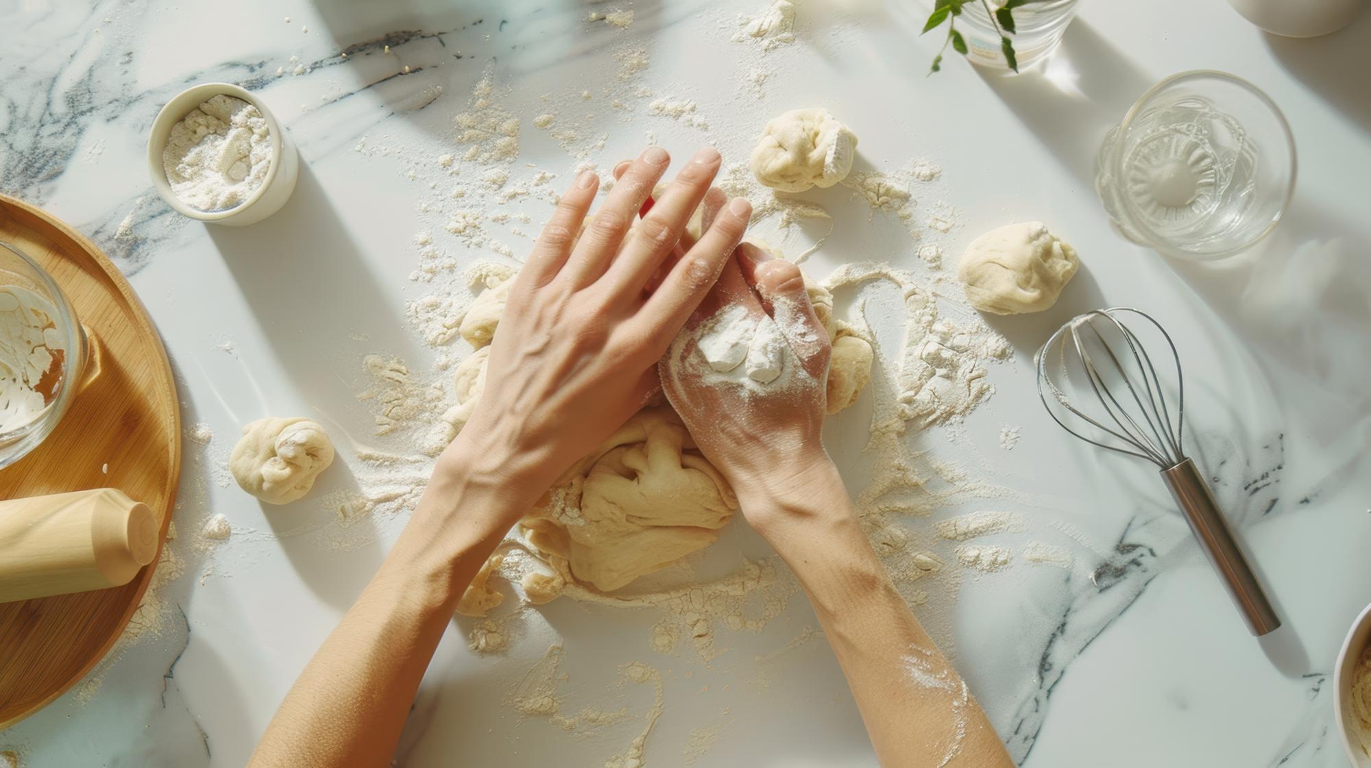Hands kneading dough on floured surface