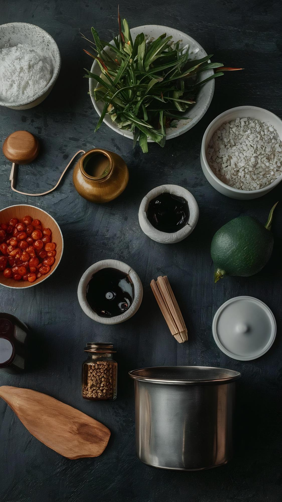 Open kitchen workspace with utensils and herbs